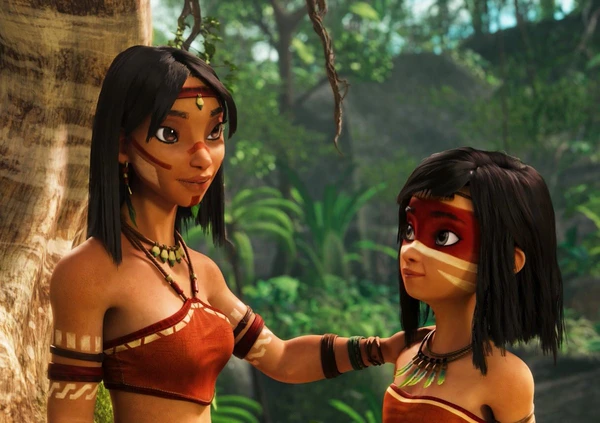 Two girls interacting in "Lendas da Amazônia".