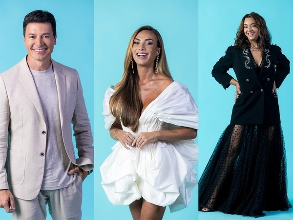 Hosts of Dança dos Famosos are shown in individual portraits with distinct fashion styles.
